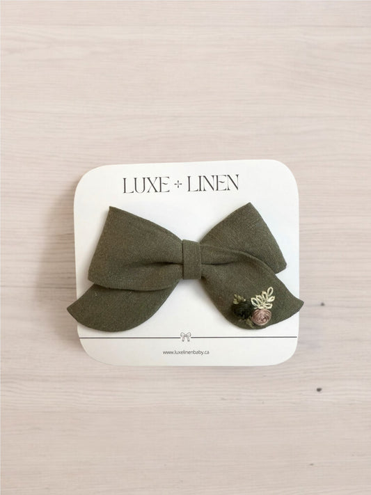 Linen Bow Clip - Olive
